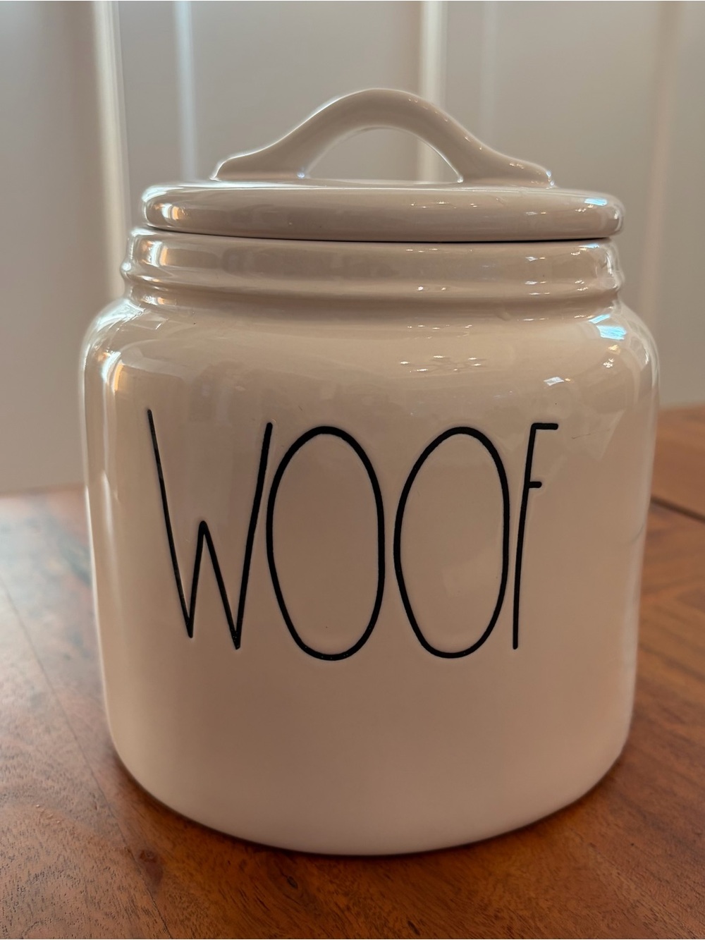 Rae Dunn WOOF Dog Treat Ceramic Jar w/ Lid Chubby Canister 5.5” Rustic Farmhouse